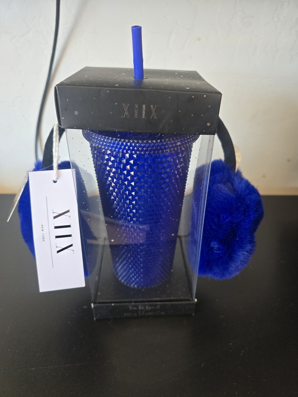 Collection XIIX Cobalt Blue Studded Tumbler with Blue Faux Fur Ear Muffs